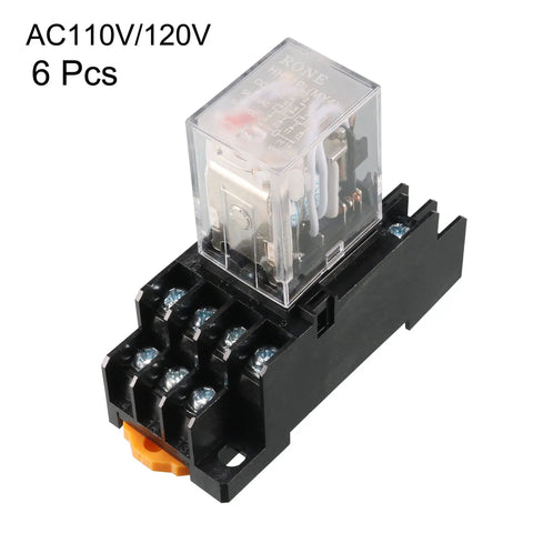 Six Pack AC 110V And 120V 4PDT DIN Rail Power Relay With Socket Set, 14 Terminals, 35mm Mount, Red Indicator, Plastic Shell