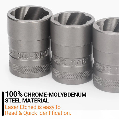 Close-up of 32 Piece Bolt Extractor And Nut Remover Set with laser-etched markings on chrome-molybdenum steel for tight spaces.