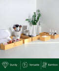 Premium Five Piece Bamboo Drawer Organizer Set Featuring Versatile Storage Trays For Kitchen Bedroom And Office Transform Junk Drawers Instantly with cosmetics and brushes.