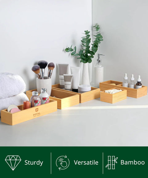 Premium Five Piece Bamboo Drawer Organizer Set Featuring Versatile Storage Trays For Kitchen Bedroom And Office Transform Junk Drawers Instantly with cosmetics and brushes.