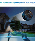 Illustration of Half Mile Wireless Driveway Alarm System detecting motion of a thief and animal at night in a yard.