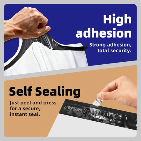 Close-up of hands sealing a 100 Pack 10x13 Poly Mailers For Ecommerce Shipping Waterproof Tear Resistant Self Seal Bags White Large Envelopes