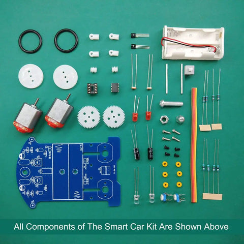 DIY Electronics Soldering Practice Kit For Beginners And Hobbyists Learn To Build A Line Following Smart Car With Easy Assembly And Educational Fun Great For School Projects And Home Learning components displayed on a green background.