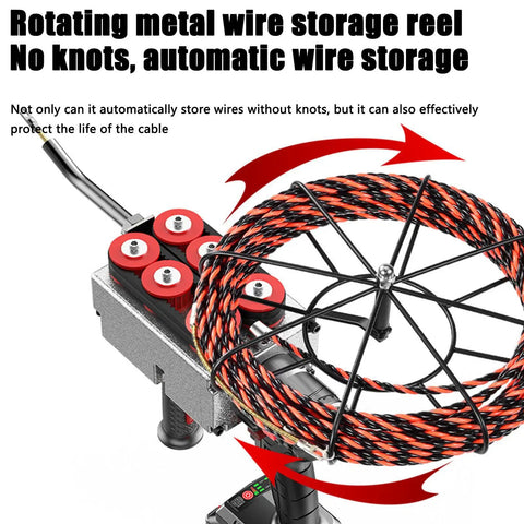 Rotating metal wire storage reel for Badass Hustle Ready Cordless Wire Puller threads pipe slick through walls.