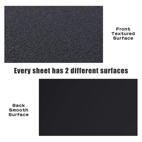 Close-up of Black ABS Plastic Sheet 12 x 16 x 2mm 6 Pack Flexible Like Plexiglass Moldable Like Acrylic with front textured and back smooth surface.