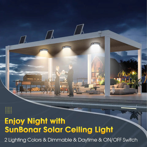 A modern patio with Solar Ceiling Light With Remote Control, Dimmable Daylight To Warm White, 1000 Lumen Outdoor Solar Shed Light.