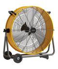 24 Inch High Velocity Industrial Drum Fan With 8800 CFM Heavy Duty Metal Air Circulator featuring yellow barrel and wheels