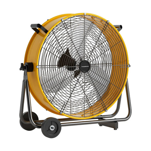 24 Inch High Velocity Industrial Drum Fan With 8800 CFM Heavy Duty Metal Air Circulator featuring yellow barrel and wheels