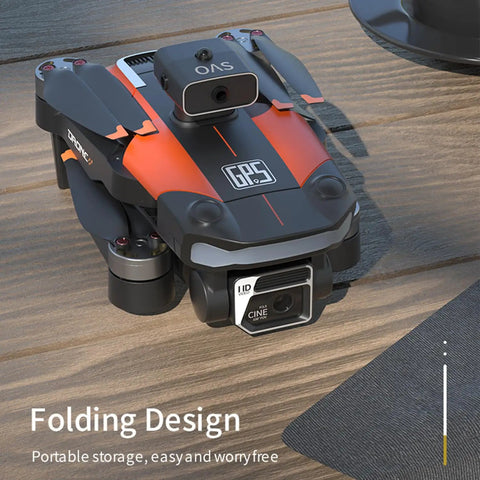 Folded Dope GPS Drone With 8K Dual Cameras on wooden surface, showcasing compact design and GPS feature logo