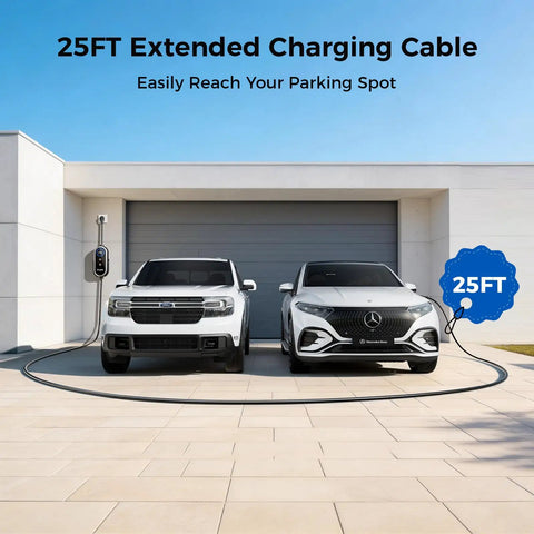 Level 2 EV Charging Station For Home With Adjustable 24 Amp Juice, 25 FT Braided Cable, NEMA 14-30 And 14-50 Plugs, Universal J1772 Head For Smooth Plug And Play Fast Charging with two cars and 25FT cable.