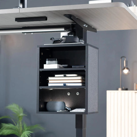 Clamp-On Under Desk Shelving Unit For Office Supplies, Gaming Devices, And More under a desk with books and gadgets.