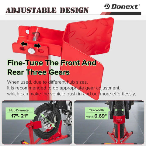 Heavy Duty Motorcycle Wheel Chock And Front Tire Stand For 17 To 21 Inch Rigs Adjustable 1500 Lb Capacity Red Steel Trailer Stand