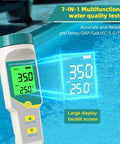 7 In 1 Digital Water Tester for drinking water, wine, pools with backlit LCD displaying 350 ppm salt level and temperature 25°C