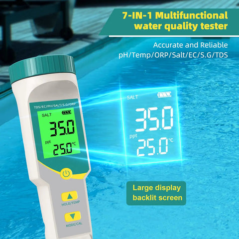 7 In 1 Digital Water Tester for drinking water, wine, pools with backlit LCD displaying 350 ppm salt level and temperature 25°C