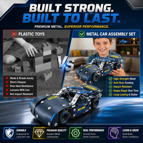 Comparison of Metal Racing Car Kit With 207 Pieces And Real Tools vs plastic toy, highlighting durability and performance benefits.
