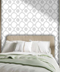 Thick Premium Vinyl Wallpaper Roll With Peel And Stick Application For Easy Peasy DIY Makeovers Featuring Light Neutral Color Aesthetic Vibe Scratch Resistant Surface Quick Room Refresh Backdrop on a bedroom wall behind a bed.