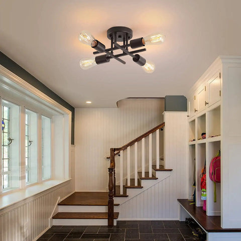 4-Light Black Semi Flush Mount Ceiling Light Fixture With Dope Industrial Farmhouse Metal Design in an entryway