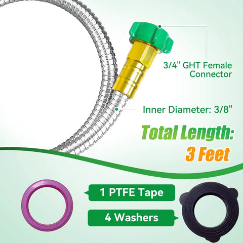 Heavy Duty 304 Stainless Steel Garden Hose 3ft Leakproof Flexible Leader Hose With Female To Female Connectors and PTFE tape