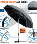 Kick Back In Comfort With This Solid 2 Pack Clip On Chair Umbrella Featuring Heavy Duty Swivel Clamp For Top Shelf UPF Fifty Plus Sun Shield On Beach Patio Or Golf Carts. Black clip-on umbrella showing 360° adjustment.