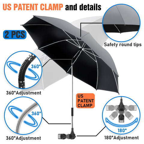 Kick Back In Comfort With This Solid 2 Pack Clip On Chair Umbrella Featuring Heavy Duty Swivel Clamp For Top Shelf UPF Fifty Plus Sun Shield On Beach Patio Or Golf Carts. Black clip-on umbrella showing 360° adjustment.