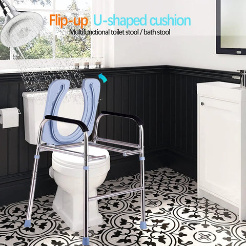 Raised Toilet Seat With Handles For Easy Lift, Standalone Toilet Safety Frame in a bathroom, elevated riser supports 330 lbs.