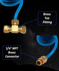 Heavy Duty Truck Air Seat Blow Gun Kit With Lever Handle And Two Slick Nozzle Tips Plus 11.5 Foot Nylon Coil Hose showing brass tee fitting and connector.