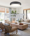 Room with dimmable LED ceiling light flush mount 18W 3000K warm white 10-inch round black fixture modern farmhouse style.