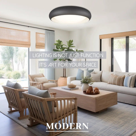 Room with dimmable LED ceiling light flush mount 18W 3000K warm white 10-inch round black fixture modern farmhouse style.
