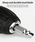 Close-up of a drill with a head blade attachment for a Damaged Screw Extractor Set Six Piece HSS Drill Bit Tools For Easy Removal Of Stripped Rusty Screws And Bolts Universal Three To Twelve Millimeter Range For Most Drills Durable High Speed Steel Construction Handy Grab And Go DIY Gift For Men And Women, highlighting its sharpness and durability.