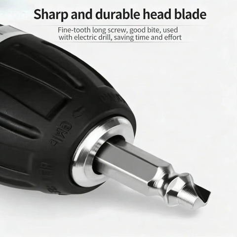 Close-up of a drill with a head blade attachment for a Damaged Screw Extractor Set Six Piece HSS Drill Bit Tools For Easy Removal Of Stripped Rusty Screws And Bolts Universal Three To Twelve Millimeter Range For Most Drills Durable High Speed Steel Construction Handy Grab And Go DIY Gift For Men And Women, highlighting its sharpness and durability.