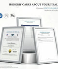 NSF and lead-free certification documents for IBERGRIF kitchen products displayed in elegant frames.