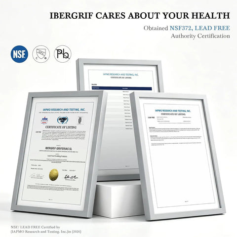 NSF and lead-free certification documents for IBERGRIF kitchen products displayed in elegant frames.