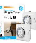 24-Hour Mechanical Outlet Timer Switch With Dual Grounded Plugs For Indoor Lighting, Lamps, Christmas Decor, Fans And Small Appliances - Easy Pushpin Scheduling, No WiFi, Two Pack, shown with packaging box