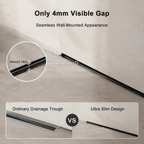 Heavy Duty Stainless Steel Linear Shower Drain With Hidden Wall Design For Sleek Bathroom Setup showing only 4mm visible gap.