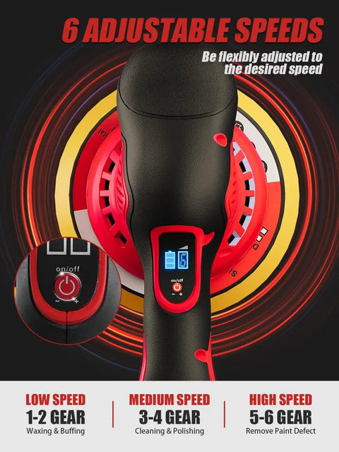 Cordless Car Polisher And Orbital Buffer For Detailing With Six Variable Speeds Up To 5500 RPM No Battery Included Compatible With 18V Batteries showing speed settings