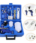 Hella Smooth Finish Guaranteed Dual Nozzle HVLP Gravity Feed Spray Gun Set With Locking Air Pressure Regulator Gauge in blue carrying case.