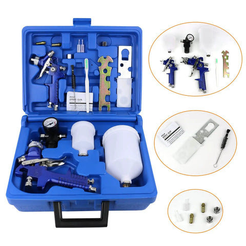Hella Smooth Finish Guaranteed Dual Nozzle HVLP Gravity Feed Spray Gun Set With Locking Air Pressure Regulator Gauge in blue carrying case.