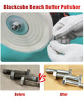 Close-up of Heavy Duty Bench Buffer With Dual Eight Inch Buffing Wheels, showing wheel polishing a metal piece, before and after results.