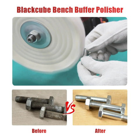Close-up of Heavy Duty Bench Buffer With Dual Eight Inch Buffing Wheels, showing wheel polishing a metal piece, before and after results.