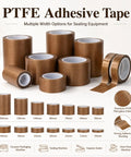 Heavy Duty PTFE Fiberglass Adhesive Tape For Heat Sealers, 10M Long Roll, Nonstick Vinyl Lining displayed in various widths.