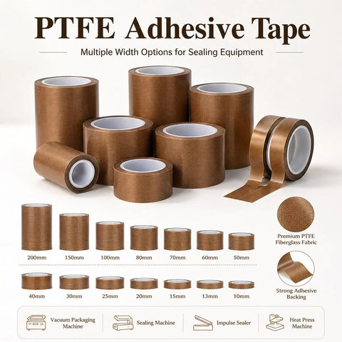 Heavy Duty PTFE Fiberglass Adhesive Tape For Heat Sealers, 10M Long Roll, Nonstick Vinyl Lining displayed in various widths.