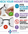 Quality Silicone Nose Pads For Glasses Replacement Teardrop Medium 15mm Push In Mount Smooth Swap image showing proper and improper mount for push-in glasses.