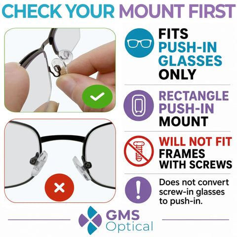 Quality Silicone Nose Pads For Glasses Replacement Teardrop Medium 15mm Push In Mount Smooth Swap image showing proper and improper mount for push-in glasses.
