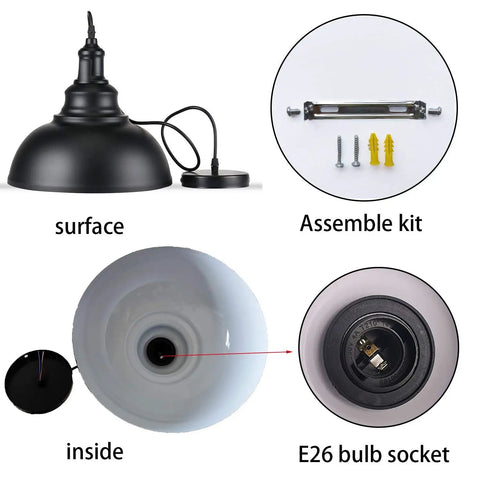 Dope Black Dome Industrial Farmhouse Pendant Lights Three Pack Hanging Ceiling Fixture components and assembly kit