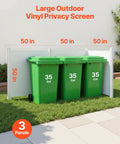 Outdoor Privacy Screen Three Panel Fence Kit For AC Units And Pool Equipment 50 Inch By 50 Inch Panels With Ground Stakes Wind Resistant PVC Vinyl Privacy Fence Enclosure For Trash Cans And Backyard Clutter with green bins