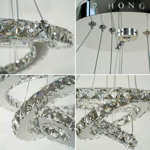 Close-up views of Slick Modern Crystal LED Chandelier With Adjustable Stainless Steel Rings Three Ring Pendant Lights, chrome finish.