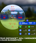 Captain Air Golf Rangefinder With Slope And GPS Distances showing yardages and club suggestions on HD display with course background