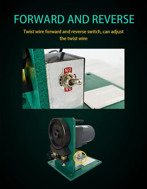 Close-up of Heavy Duty Wire Twister Machine For Copper Recycling showing forward and reverse switch for wire adjustment.