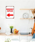 Retro Emergency Supplies Metal Sign Wall Decor 8x12 Inch Aluminum Panel For Home Garage Shop Bar Barn Rustic Vibe Durable Retro Look That Pops On Any Wall And Keeps Your Space Feeling Cool. Wall sign with red arrow in a kitchen