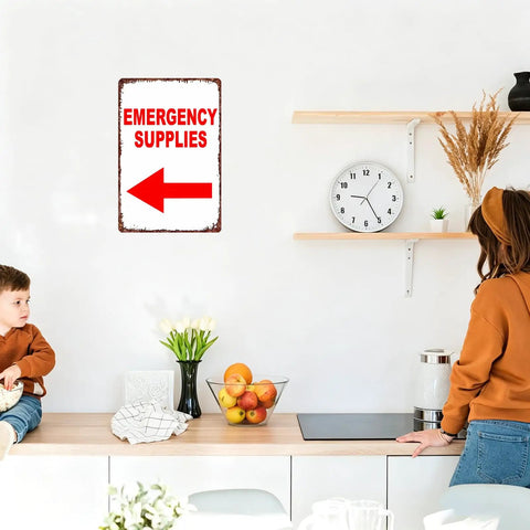 Retro Emergency Supplies Metal Sign Wall Decor 8x12 Inch Aluminum Panel For Home Garage Shop Bar Barn Rustic Vibe Durable Retro Look That Pops On Any Wall And Keeps Your Space Feeling Cool. Wall sign with red arrow in a kitchen